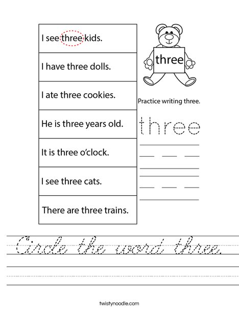 Circle the word three. Worksheet