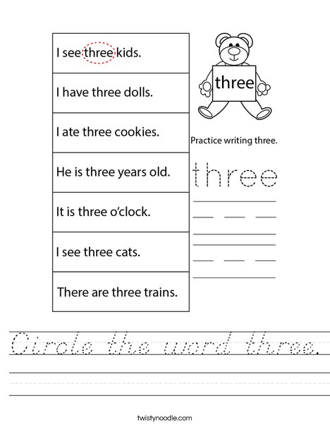 Circle the word three. Worksheet