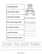 Circle the word three Handwriting Sheet