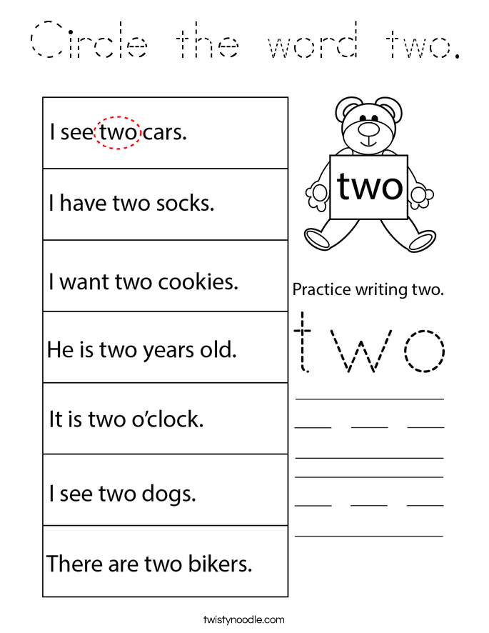 Circle the word two. Coloring Page