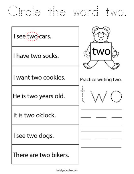 Circle the word two. Coloring Page