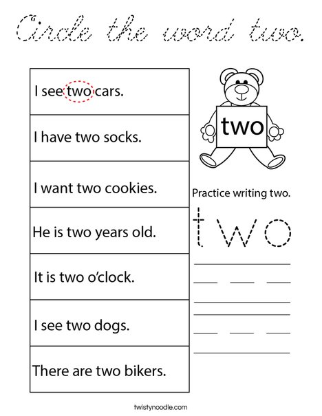 Circle the word two. Coloring Page