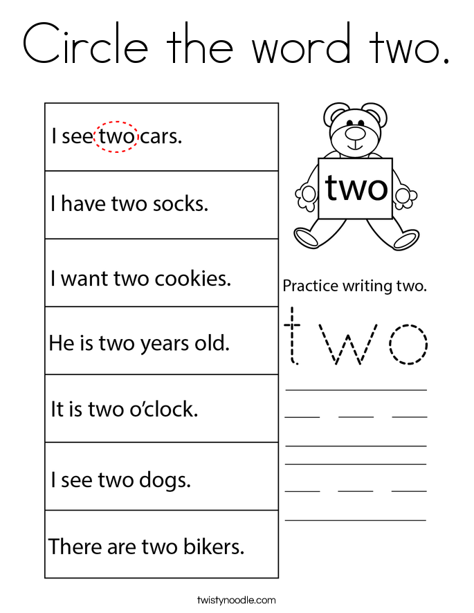 Circle the word two. Coloring Page