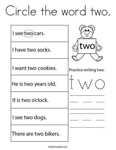 Circle the word two. Coloring Page