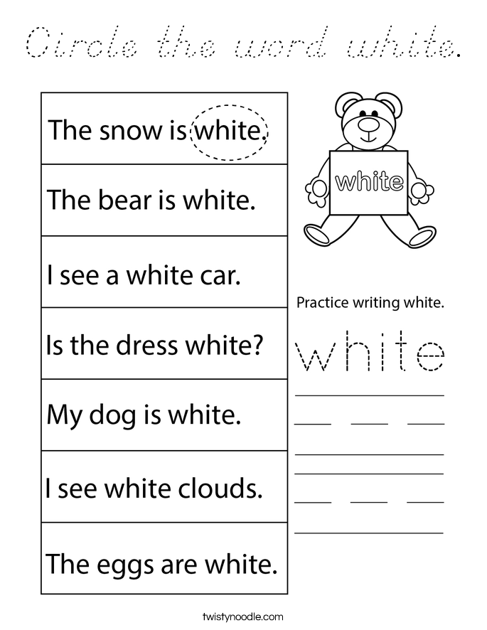 Circle the word white. Coloring Page