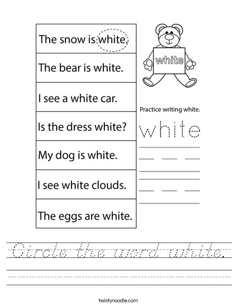Circle the word white. Worksheet