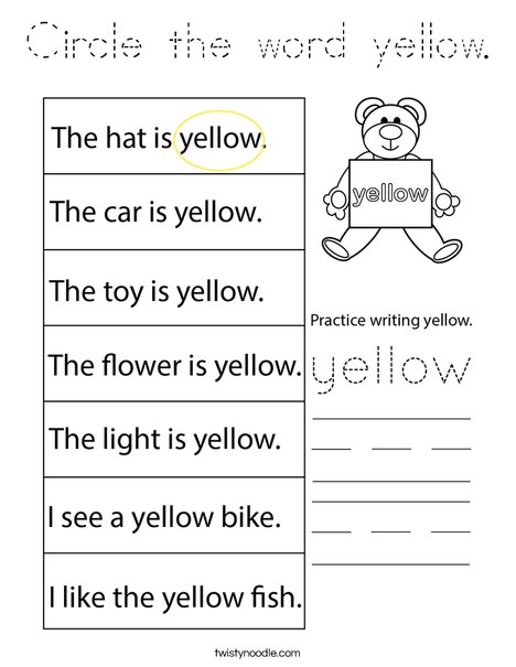 Circle the word yellow. Coloring Page