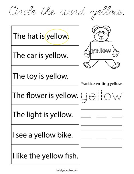 Circle the word yellow. Coloring Page