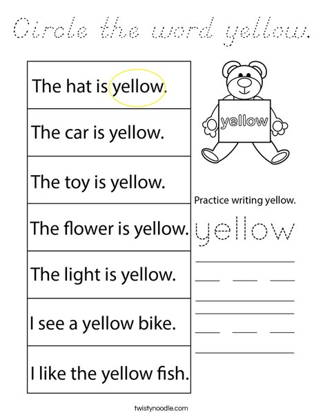 Circle the word yellow. Coloring Page