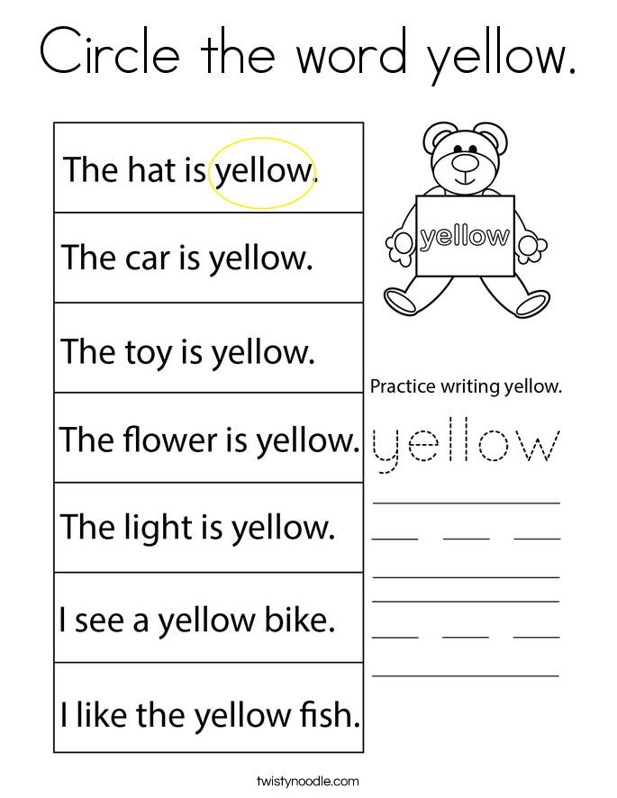 Circle the word yellow. Coloring Page