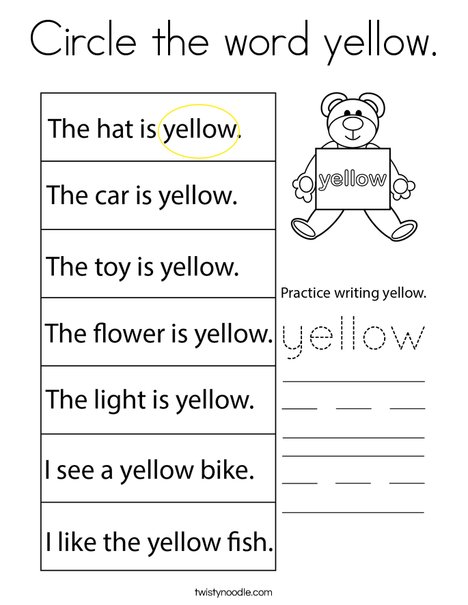 Circle the word yellow. Coloring Page