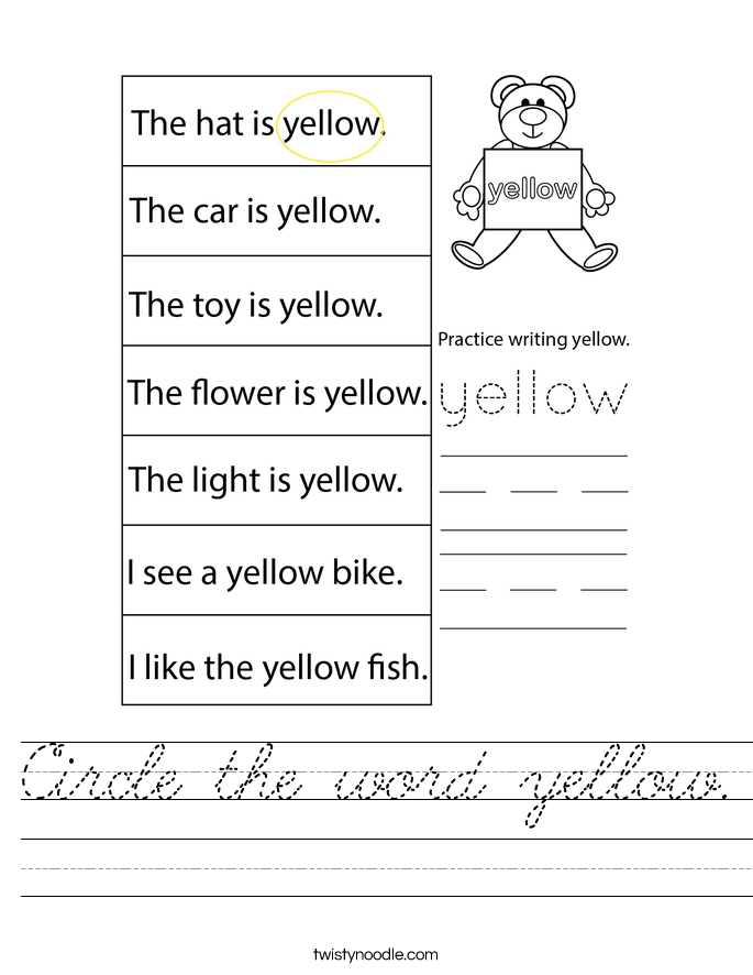 Circle the word yellow. Worksheet