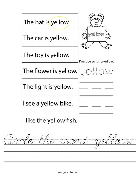 Circle the word yellow. Worksheet