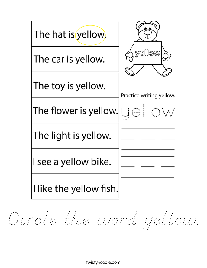 Circle the word yellow. Worksheet