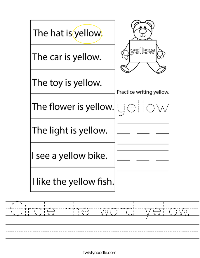 Circle the word yellow. Worksheet