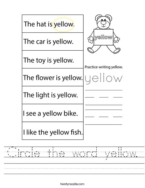 Circle the word yellow. Worksheet