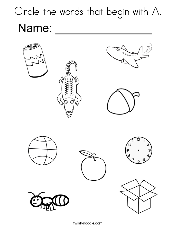 Circle the words that begin with A. Coloring Page