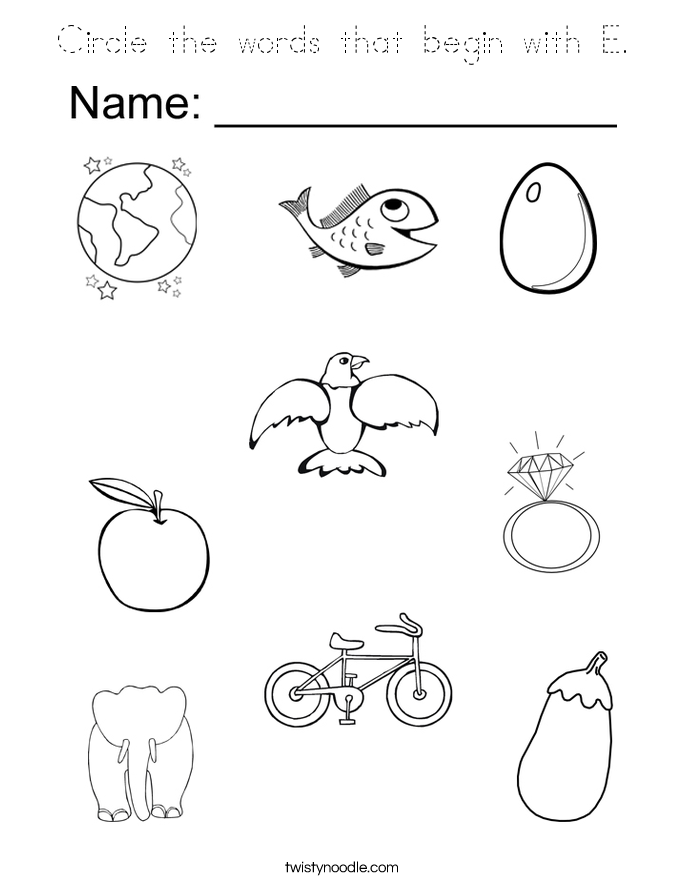 Circle the words that begin with E. Coloring Page