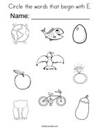 Circle the words that begin with E Coloring Page