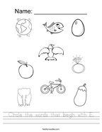 preschool worksheets letter e Circle the words that begin with E Handwriting Sheet