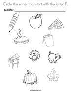 Circle the words that start with the letter P Coloring Page