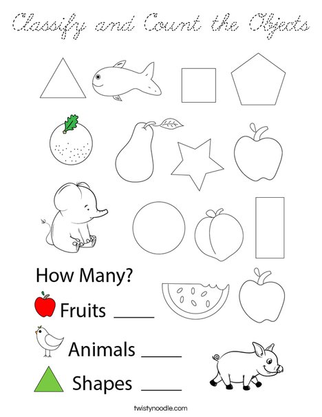 Classify and Count the Objects Coloring Page