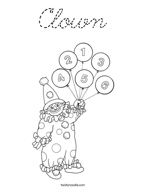 Clown with Number Balloons Coloring Page