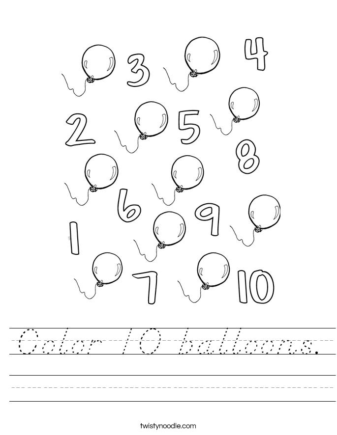 Color 10 balloons. Worksheet