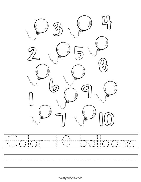 color 10 balloons worksheet twisty noodle