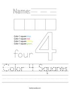 worksheet for kindergarten number 4 Color 4 Squares Handwriting Sheet