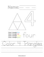 worksheet for kindergarten number 4 Color 4 Triangles Handwriting Sheet