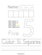 worksheet for kindergarten number 5 Color 5 Squares Handwriting Sheet