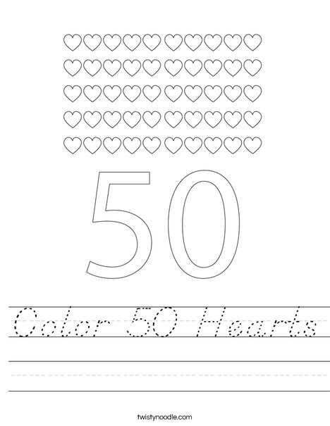 Color 50 Hearts Worksheet
