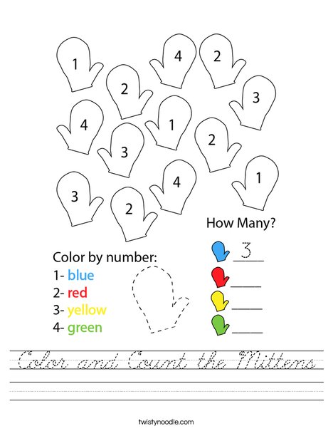 Color and Count the Mittens Worksheet