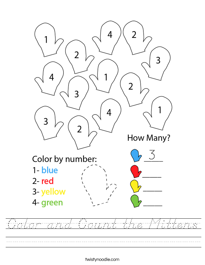Color and Count the Mittens Worksheet