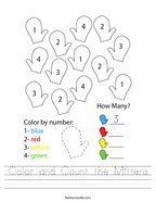 Color and Count the Mittens Handwriting Sheet
