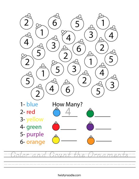 Color and Count the Ornaments Worksheet