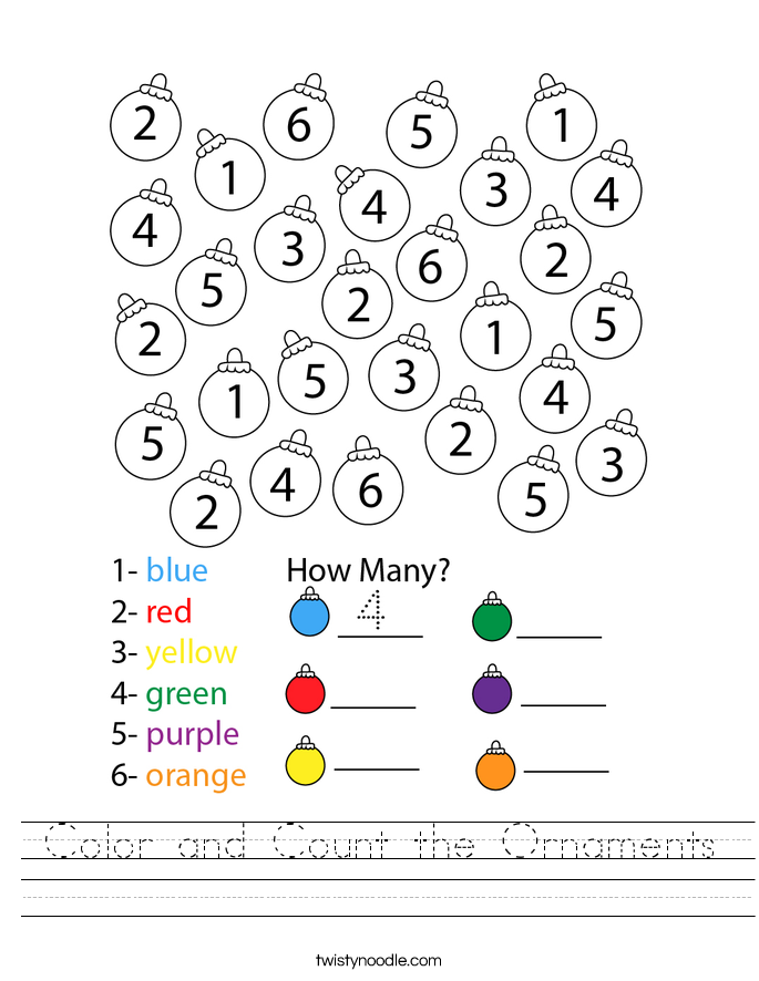 Color and Count the Ornaments Worksheet