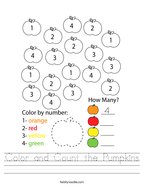 Color and Count the Pumpkins Handwriting Sheet