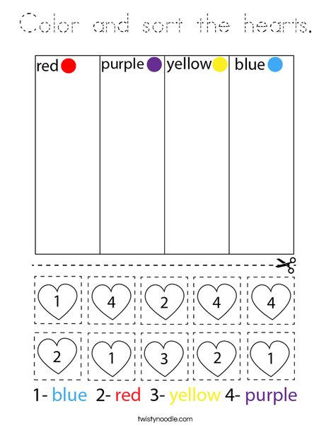 Color and sort the hearts. Coloring Page