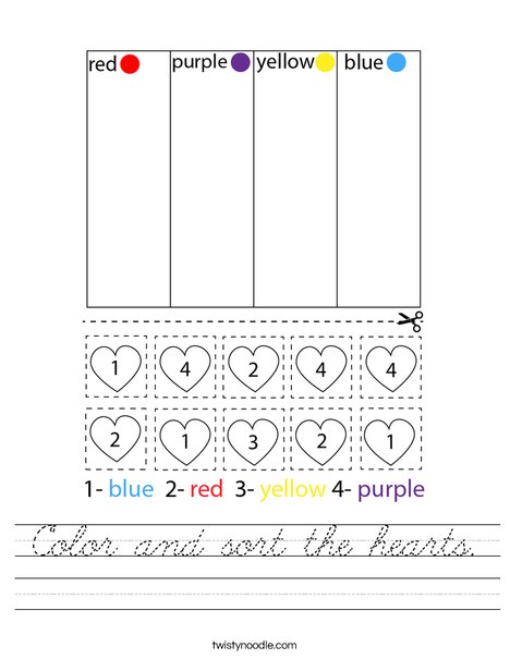 Color and sort the hearts. Worksheet