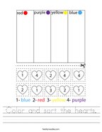 Color and sort the hearts Handwriting Sheet