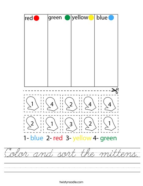 Color and sort the mittens. Worksheet