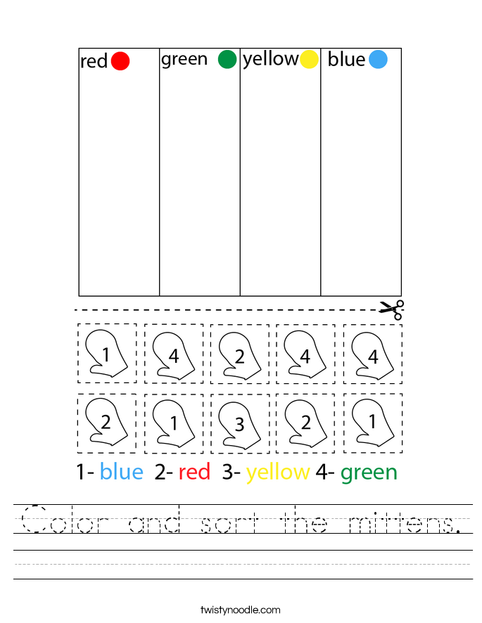 Color and sort the mittens. Worksheet