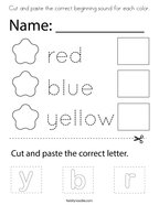 Cut and paste the correct beginning sound for each color Coloring Page
