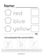 Cut and paste the correct beginning sound for each color Handwriting Sheet