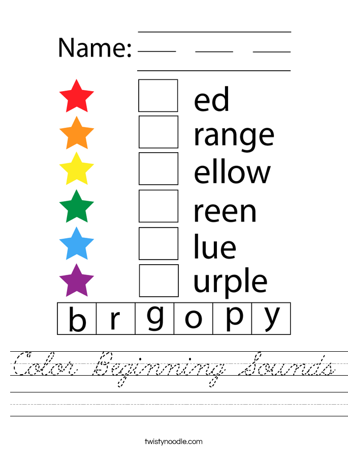 color beginning sounds worksheet cursive twisty noodle