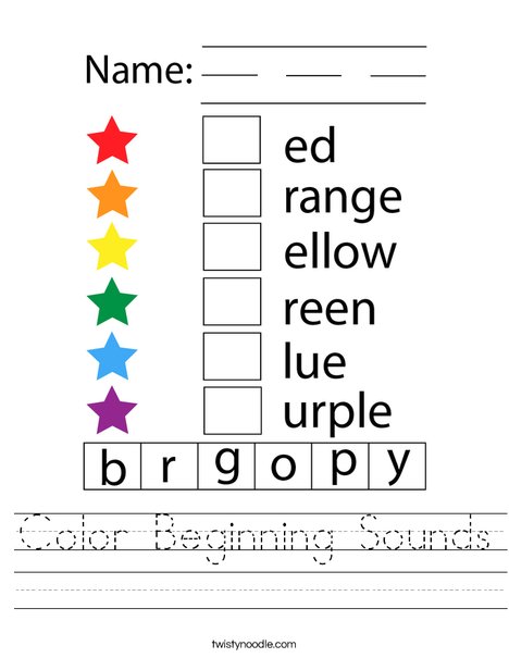 color beginning sounds worksheet twisty noodle