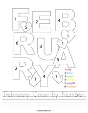 February Color by Number Handwriting Sheet