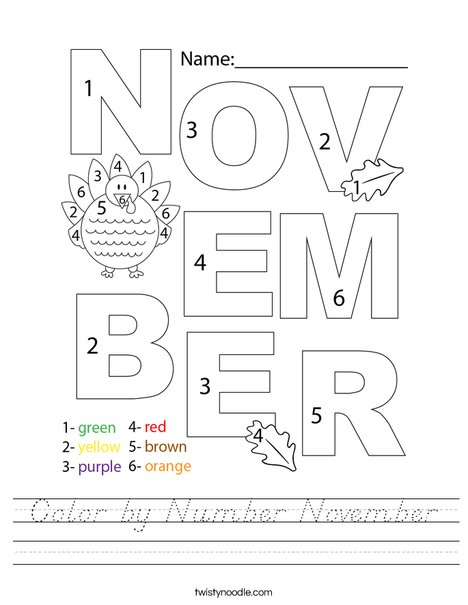 Color by Number November Worksheet